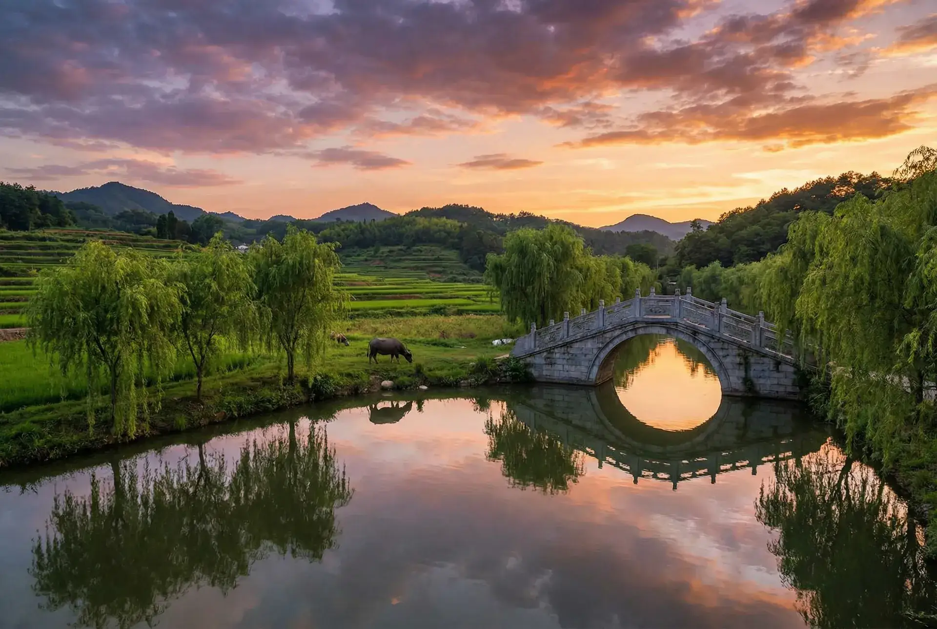 夕阳下的石拱桥与垂柳，水牛在河边吃草 - 魔兽世界 万圣节 乡村美景